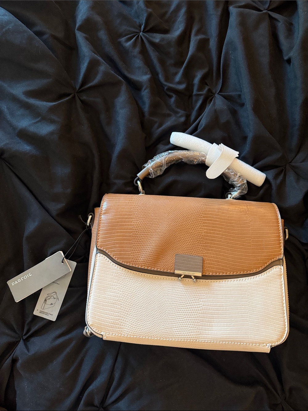 Two-Tone Tan and Cream Structured Top-Handle Bag